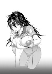 Rule 34 | 1girl, :p, akagi aya, breasts, cleavage, distance, female focus, finger to mouth, gradient background, greyscale, highres, joshi lac! (manga), large areolae, large breasts, leaning forward, long hair, looking at viewer, monochrome, nipples, original, puffy nipples, smile, solo, tongue, tongue out, wet