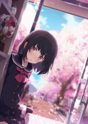 Rule 34 | 1girl, black cardigan, black hair, black sailor collar, black skirt, blue sky, blurry, blurry background, blush, bouquet, cardigan, cloud, collarbone, commentary request, day, depth of field, dutch angle, flower, head tilt, highres, indoors, long hair, looking at viewer, ogipote, open door, original, parted lips, pink flower, pink rose, pleated skirt, red eyes, red flower, red rose, rose, sailor collar, school uniform, serafuku, shoes, skirt, sky, solo focus, tree, uwabaki, white flower, white footwear, white rose