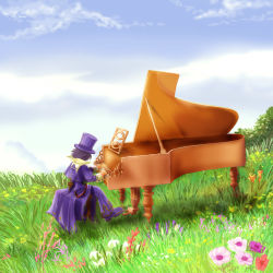 Rule 34 | 1boy, flower, frederic chopin (trusty bell), fuju, grand piano, hat, instrument, lowres, male focus, nature, outdoors, piano, piano bench, plant, sky, solo, trusty bell