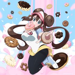 Rule 34 | 1girl, black pantyhose, blue eyes, blush, breasts, brown hair, creatures (company), double bun, doughnut, food, food in mouth, full body, game freak, hair bun, looking at viewer, low twintails, nintendo, outstretched arm, pantyhose, pokemon, pokemon bw2, rosa (pokemon), shioiri, shirt, shorts, solo, twintails, visor cap