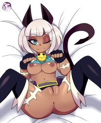 Rule 34 | 1girl, 2021, belt buckle, belt pouch, blue eyes, blush, bob cut, breasts, buckle, cat girl, collar, cowboy shot, crop top, dark-skinned female, dark skin, exposed muscle, fang, fingerless gloves, gloves, highres, looking at viewer, ms. fortune (skullgirls), neck bell, nipples, no panties, nude filter, pouch, pussy, short hair, skullgirls, solo, tagme, thighhighs, third-party edit, uncensored, white hair