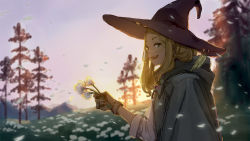 Rule 34 | 1girl, backlighting, blonde hair, brown gloves, cloak, commentary request, dandelion, evening, feathers, flower, gloves, green cloak, green eyes, hat, hat ornament, holding, holding flower, hood, hood down, hooded cloak, long hair, looking at viewer, meadow, omegu, original, outdoors, scenery, shirt, sky, solo, tree, white flower, white shirt, witch hat