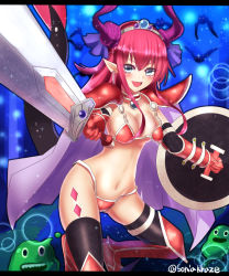 Rule 34 | 10s, alternate breast size, amamiya kure, armor, armored boots, bad id, bad pixiv id, bikini, bikini armor, black thighhighs, blue eyes, blue ribbon, boots, breasts, broadsword, cape, choker, curled horns, dragon horns, dragon tail, elizabeth bathory (brave) (fate), elizabeth bathory (fate), fate/extra, fate/extra ccc, fate/grand order, fate (series), hair ribbon, halloween, highres, horns, knee boots, letterboxed, long hair, looking at viewer, loose bikini, medium breasts, navel, oversized clothes, pauldrons, pink hair, pointy ears, red bikini, red footwear, ribbon, shield, shoes, shoulder armor, small breasts, soldier (dq3), solo, spiked shoes, spikes, string bikini, swimsuit, sword, tail, thighhighs, tiara, two side up, vambraces, weapon, white cape