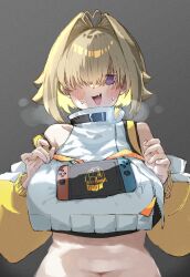 Rule 34 | 1girl, absurdres, ahoge, black sports bra, blonde hair, blush, blush stickers, breasts, breath, commentary, crop top, crop top overhang, cropped jacket, detached sleeves, elegg (nikke), fang, goddess of victory: nikke, grey background, hair intakes, hair over one eye, highres, hii (motorholic), jacket, large breasts, long bangs, looking at viewer, navel, nintendo switch, object on breast, open mouth, purple eyes, short hair, simple background, skin fang, solo, sports bra, stomach, sweat, turtleneck, upper body, white jacket, zipper, zipper pull tab