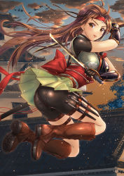 Rule 34 | 1girl, absurdres, architecture, ass, bike shorts, bike shorts under skirt, bird, boots, brown eyes, brown hair, castle, cloud, cross-laced footwear, east asian architecture, fingerless gloves, flying, gloves, highres, jumping, knee boots, knife belt, lace-up boots, long hair, miniskirt, open mouth, pantylines, pleated skirt, shorts, shorts under skirt, skirt, sky, solo, sword, thigh strap, toriatto gununu, tree, vambraces, weapon