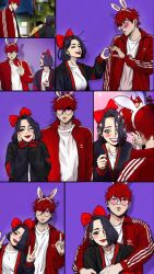 Rule 34 | 1boy, 1girl, bkush, black hair, black jacket, closed mouth, glasses, highres, hong yoo-rin, hug, jacket, lee yumi, long hair, looking at another, looking at viewer, open mouth, rabbit ears, red eyes, red hair, red jacket, serious, shirt, smile, v, white shirt, wind breaker