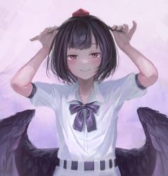 Rule 34 | 1girl, arms up, bad anatomy, bad hands, belt, bird wings, black belt, black hair, black ribbon, black wings, blush, closed mouth, collared shirt, feathered wings, fjsmu, half-closed eyes, hat, highres, holding, holding own hair, looking at viewer, neck ribbon, pink background, puffy short sleeves, puffy sleeves, purple background, red eyes, red hat, ribbon, shameimaru aya, shirt, shirt tucked in, short hair, short sleeves, smile, solo, straight-on, tokin hat, touhou, upper body, white shirt, wing collar, wings
