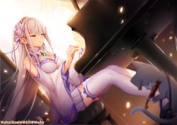 Rule 34 | 10s, 1girl, artist name, backlighting, bare shoulders, blunt bangs, blush, breasts, cleavage, cleavage cutout, closed mouth, clothing cutout, commentary request, dress, dutch angle, emilia (re:zero), flower, frilled sleeves, frills, gem, grey hair, hair flower, hair ornament, hair ribbon, indoors, instrument, kaho okashii, long hair, long sleeves, medium breasts, music, partial commentary, petals, piano, playing instrument, puck (re:zero), purple ribbon, re:zero kara hajimeru isekai seikatsu, ribbon, shoulder cutout, sitting, smile, solo, thighhighs, very long hair, violin, white dress, white flower, white thighhighs, wide sleeves, zettai ryouiki