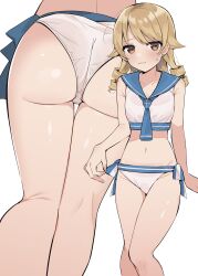 Rule 34 | 1girl, absurdres, blush, breasts, collarbone, dddd akagi, drill hair, earrings, feet out of frame, highres, idolmaster, idolmaster cinderella girls, jewelry, kneepits, light brown hair, looking at viewer, morikubo nono, multiple views, navel, sailor bikini, sailor collar, sailor swimsuit (idolmaster), simple background, small breasts, stomach, stud earrings, sweatdrop, thigh gap, white background