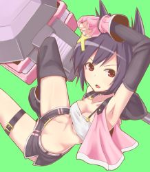 Rule 34 | 10s, 1girl, arm up, armpits, bandeau, black hair, black thighhighs, boots, breasts, cleavage, collarbone, fingerless gloves, gloves, god eater, god eater 2: rage burst, gradient background, green background, hair ornament, hairclip, hammer, huge weapon, kouzuki nana, mugai (tamac), navel, open mouth, pink gloves, purple eyes, short hair, short shorts, shorts, single thighhigh, solo, strapless, taut clothes, thigh strap, thighhighs, tube top, underboob, vest, weapon