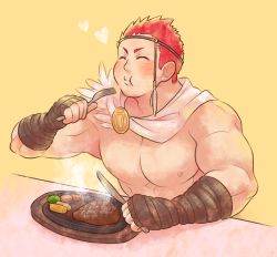 Rule 34 | 1boy, ancient greek clothes, bara, blush, eating, food, fork, greco-roman clothes, hair ornament, hand wraps, knife, large pectorals, male focus, muscular, muscular male, nipples, orange background, pectorals, pollux (housamo), red hair, short hair, sideburns, solo, steak, tokyo houkago summoners, topless male, tsuna (so da77)