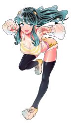Rule 34 | 1girl, alternate costume, ass, bad id, bad twitter id, belt, bent over, black thighhighs, blue eyes, blush, breasts, cleavage, collarbone, cone horns, detached sleeves, eyeshadow, fang, full body, green hair, highres, horns, leg up, long hair, looking at viewer, lum, makeup, nail polish, oni, open mouth, pointy ears, shinomu (cinomoon), shoes, shorts, simple background, sneakers, solo, tank top, thighhighs, urusei yatsura, white background, wristband