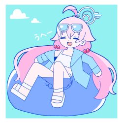 Rule 34 | 1girl, ahoge, blue archive, blue background, blue jacket, border, chibi, closed eyes, cloud, eyewear on head, genmai chaban, hair bobbles, hair ornament, halo, highres, hoshino (blue archive), inflatable toy, jacket, open mouth, outline, pink hair, sandals, skirt, smile, solo, sunglasses, tank top, white border, white footwear, white skirt, white tank top