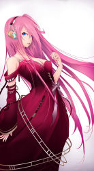 Rule 34 | 1girl, absurdres, blue eyes, breasts, cleavage, clothing cutout, detached sleeves, dress, floating hair, hair between eyes, hairband, headphones, highres, long dress, long hair, long sleeves, medium breasts, megurine luka, parted lips, pink hair, pyslznqo1i9irqg, red dress, red hairband, red sleeves, shoulder cutout, solo, standing, very long hair, vocaloid, white background