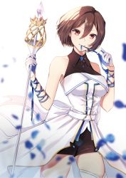 Rule 34 | 1girl, blue petals, brown eyes, brown hair, dress, hair ornament, highres, holding, holding scepter, holding staff, meiko (vocaloid), meikopia, mouth hold, petals, ribbon, ribbon in mouth, scepter, short hair, shorts, smile, solo, staff, thighhighs, vocaloid, yen-mi