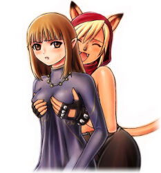Rule 34 | 2girls, :3, :d, ^ ^, adventurer (ff11), animal ears, animal nose, annoyed, archived source, bare shoulders, belt, black gloves, black pants, blunt bangs, breasts, brown belt, brown eyes, brown hair, cat ears, cat girl, cat tail, closed eyes, covered erect nipples, crossover, dress, dungeons &amp; dragons, dungeons &amp; dragons: shadow over mystara, fangs, final fantasy, final fantasy xi, fingerless gloves, furrowed brow, gloves, gnome, gnome shopkeeper (d&amp;d:som), grabbing, grabbing another&#039;s breast, grabbing from behind, hood, hood up, jewelry, long hair, long sleeves, looking back, medium breasts, mithra (ff11), multiple girls, necklace, open mouth, pants, parted lips, pointy ears, purple dress, short hair, simple background, smile, studded gloves, tail, taisai soft, turtleneck, turtleneck dress, white background, yuri