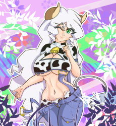 Rule 34 | 1girl, animal ears, animal print, bell, breasts, cleavage, cleavage cutout, clothing cutout, cow ears, cow girl, cow tail, cowbell, green eyes, holstaur (monster girl encyclopedia), large breasts, looking at viewer, monster girl, monster girl encyclopedia, one eye closed, revealing clothes, salemnaoe, solo, suspenders, tail, underboob, wink