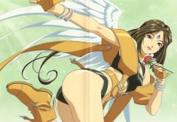 Rule 34 | 1girl, aa megami-sama, ass, boots, bracelet, brown eyes, brown hair, facial mark, flower, forehead mark, highres, jewelry, lingerie, necklace, peorth (aa megami-sama), rose, underwear, wings