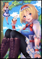 Rule 34 | :d, absurdres, alice margatroid, bird, black pantyhose, blonde hair, blue eyes, book, boots, bow, bowtie, brooch, brown footwear, commission, commissioner upload, cross-laced footwear, day, doll, hair bow, headband, highres, jewelry, knee boots, lace, looking at viewer, md5 mismatch, medium hair, nikku hikikomori, open mouth, outdoors, pantyhose, puppet strings, red bow, resolution mismatch, ribbon, ring, shanghai doll, short hair, sitting, skeb commission, smile, solo, source smaller, string, thighband pantyhose, touhou
