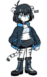 Rule 34 | 1girl, animal ears, bandaid, bandaid on face, bandaid on nose, belt collar, bike shorts, black hair, black jacket, blue eyes, bob cut, boots, closed mouth, collar, colored skin, full body, furry, furry female, hand in pocket, highres, jacket, looking at viewer, medium hair, midriff, navel, open clothes, open jacket, original, simple background, solo, standing, strapless, sui (suizilla), tail, tiger, tiger ears, tiger tail, tube top, white background, white skin, white tiger