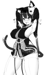 Rule 34 | 1girl, animal ear fluff, animal ears, armpits, arms up, azur lane, bell, blush, breasts, cat ears, cat mask, cat tail, commentary, cowboy shot, fang, greyscale, heart, heavy breathing, japanese clothes, jingle bell, kimono, large breasts, magister, mask, mask on head, monochrome, no bra, panties, ribbon, short eyebrows, short hair, short kimono, sideboob, solo, standing, sweat, tail, tail bell, tail ornament, tail ribbon, thighhighs, thighs, underwear, wide sleeves, yamashiro (azur lane), zettai ryouiki