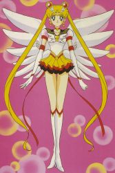 Rule 34 | 1990s (style), 1girl, bishoujo senshi sailor moon, bishoujo senshi sailor moon sailor stars, blonde hair, blue eyes, boots, breasts, brooch, choker, collar, crescent, double bun, earrings, eternal sailor moon, gloves, heart, highres, jewelry, knee boots, long hair, magical girl, official art, pink background, sailor, sailor moon, shoulder pads, skirt, smile, solo, tape, tsukino usagi, very long hair, wings