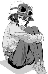 Rule 34 | 1girl, closed mouth, expressionless, fur-trimmed headwear, fur trim, goggles, goggles on head, highres, kino (kino no tabi), kino no tabi, long sleeves, looking at viewer, metsu end, monochrome, pants, shadow, shirt, short hair, sitting, solo, white background