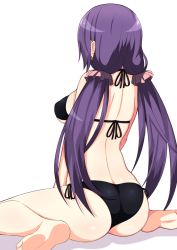 Rule 34 | 10s, 1girl, ass, back, bare legs, bare shoulders, barefoot, bikini, black bikini, breasts, covered erect nipples, from behind, large breasts, long hair, love live!, love live! school idol project, low twintails, ponkotsu (ayarosu), puffy nipples, purple hair, sideboob, sitting, solo, swimsuit, tojo nozomi, transparent background, twintails, underboob, wariza, wedgie, white background