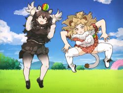 Rule 34 | 2girls, animal ears, antlers, ball, day, duck lips, horns, jumping, kemono friends, laughing, lion (kemono friends), meme, moose (kemono friends), multiple girls, pantyhose, skirt, tail, thighhighs, third-party source