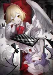 Rule 34 | 2girls, angel wings, bat wings, black wings, blonde hair, board game, bow, bowtie, brooch, brown vest, chair, chess, chess piece, chessboard, commentary request, dress, feathered wings, gengetsu (touhou), grey wings, hair bow, hand on own cheek, hand on own face, hat, hat ribbon, highres, holding, jewelry, juliet sleeves, long sleeves, medium hair, mob cap, multiple girls, open clothes, open vest, parted lips, pink dress, pink headwear, puffy sleeves, purple hair, red bow, red bowtie, red eyes, red ribbon, remilia scarlet, ribbon, rokuya (68 zusao), short sleeves, smile, touhou, touhou (pc-98), vest, white wings, wings, yellow eyes