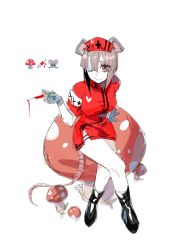 Rule 34 | 1girl, animal ears, bad id, bad twitter id, black footwear, blood, blood drip, boots, breasts, closed mouth, commentary, crossed legs, emoji, english commentary, fly agaric, gloves, grey gloves, grey hair, hair over one eye, hand up, hat, highres, holding, holding syringe, jacket, large breasts, looking at viewer, medium hair, mouse ears, mouse girl, mouse tail, mushroom, nurse, nurse cap, one eye covered, orange eyes, original, red hat, red jacket, ringed eyes, sketch, smile, solo, syringe, tail, tsu (lovesick1964), x x