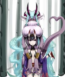 Rule 34 | absurdres, aqua hair, bob cut, body markings, breast rest, breasts, breasts on head, closed eyes, colored skin, cup, dark-skinned female, dark skin, demon horns, dress, dual persona, expressive tail, eyeliner, fate/grand order, fate (series), grey skin, headpiece, heart, heart tail, height difference, highres, horns, ibuki douji (fate), japanese clothes, kimono, large breasts, long fingers, long hair, makeup, multiple girls, multiple horns, obossoss, oni, open clothes, open kimono, pointy ears, purple eyes, purple hair, purple kimono, revealing clothes, ribbed dress, sakazuki, short eyebrows, short hair, shuten douji (fate), skin-covered horns, sleeveless, sleeveless sweater, sweater, tail, time paradox, turtleneck, turtleneck dress, turtleneck sweater