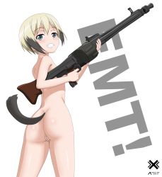 Rule 34 | 1girl, absurdres, ass, blue eyes, blush, breasts, cleft of venus, dog tail, erica hartmann, grin, gun, highres, looking at viewer, nude, pussy, rifle, shiny skin, short hair, small breasts, smile, solo, standing, strike witches, tail, weapon, world witches series