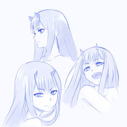Rule 34 | 10s, 1girl, :d, bad id, blue background, blue theme, closed mouth, darling in the franxx, expressions, fangs, from side, highres, horns, long hair, looking at viewer, monochrome, multiple views, nude, open mouth, simple background, smile, upper body, v-shaped eyebrows, viperxtr, zero two (darling in the franxx)