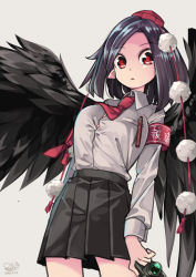 Rule 34 | 1girl, alternate costume, aoi kujira, armband, black hair, black skirt, black wings, camera, commentary, dated, dress shirt, feathered wings, hat, long sleeves, looking at viewer, medium hair, pen, pleated skirt, pointy ears, pom pom (clothes), red eyes, red neckwear, shameimaru aya, shirt, signature, simple background, skirt, solo, tokin hat, touhou, white background, white shirt, wings