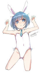 Rule 34 | 1girl, :o, animal ears, arms up, bare arms, bare shoulders, blue eyes, blue hair, blush, collar, covered navel, cropped legs, dated, detached collar, diagonal-striped clothes, diagonal-striped necktie, diagonal-striped neckwear, head tilt, leotard, looking at viewer, maze (gochama ze gohan), necktie, original, parted lips, playboy bunny, rabbit ears, signature, simple background, sketch, solo, standing, strapless, strapless leotard, striped clothes, striped necktie, striped neckwear, white background, white collar, white leotard