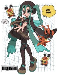 Rule 34 | 1girl, barcode, black pantyhose, blue hair, blue wings, brown dress, brown hat, bug miku (project voltage), butterfly wings, closed eyes, creatures (company), dress, eyeshadow, fake wings, full body, game freak, gen 4 pokemon, grey eyeshadow, grey footwear, hair between eyes, hair through headwear, hat, hatsune miku, highres, insect wings, jwnn, kricketot, kricketune, long hair, long sleeves, looking at viewer, makeup, nintendo, open mouth, outstretched arm, pantyhose, pokemon, pokemon (creature), project voltage, shoes, solo, speech bubble, standing, twintails, very long hair, vocaloid, white background, wings