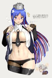 Rule 34 | 1girl, black necktie, black panties, black skirt, blue hair, blush, breasts, covering privates, covering breasts, cropped legs, flying sweatdrops, grey background, grey hair, headgear, highres, kantai collection, large breasts, long hair, multiple girls, necktie, notice lines, open clothes, open mouth, open shirt, oso (toolate), panties, pantyhose, purple eyes, red hair, shirt, simple background, single leg pantyhose, skirt, solo focus, south dakota (kancolle), star (symbol), sweat, topless, translation request, underwear, washington (kancolle), white hair