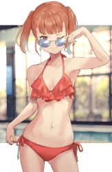 Rule 34 | 1girl, ;q, adjusting eyewear, adjusting glasses, arm up, armpits, bare arms, bare shoulders, bikini, blue-tinted glasses, blurry, bokeh, breasts, closed mouth, collarbone, cowboy shot, depth of field, earrings, glint, halterneck, halterneck, highres, isegawa yasutaka, jewelry, long hair, looking at viewer, looking over eyewear, looking over glasses, navel, one eye closed, orange hair, original, purple eyes, red bikini, side-tie bikini bottom, small breasts, smile, solo, standing, stomach, sunglasses, swimsuit, thighs, tinted eyewear, tongue, tongue out, twintails