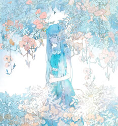 Rule 34 | 1girl, bare arms, bare shoulders, blue dress, blue hair, closed eyes, closed mouth, commentary request, dress, expressionless, feet out of frame, flower, hair over shoulder, hatsune miku, kibi (kibi.ibik), leaf, long dress, long hair, plant, ponytail holder, red flower, simple background, sleeveless, sleeveless dress, solo, tree, twintails, very long hair, vines, vocaloid, white background, yellow flower
