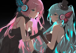 Rule 34 | 2girls, absurdres, blue eyes, blue hair, bow, bug, butterfly, butterfly hair ornament, dress, dress bow, eye contact, fingerless gloves, gloves, glowing, hair ornament, hat, hatsune miku, headphones, headset, highres, holding hands, insect, kiduki, long hair, looking at another, magnet (vocaloid), megurine luka, mini hat, mini top hat, multiple girls, nail polish, pink hair, strapless, strapless dress, top hat, twintails, very long hair, vocaloid, yuri
