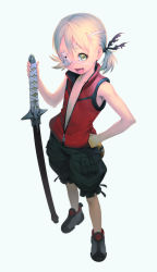 Rule 34 | 1girl, armpits, bare arms, bare shoulders, bear eyepatch, black shorts, blonde hair, cargo shorts, chyko7080, collarbone, collared vest, eyebrows hidden by hair, eyepatch, fang, flat chest, foreshortening, full body, green eyes, highres, katana, looking at viewer, naked vest, navel, no bra, no shirt, no undershirt, open mouth, original, red vest, shoes, short hair, short twintails, shorts, simple background, sleeveless, smile, sneakers, solo, sword, tareme, twintails, unzipped, vest, weapon
