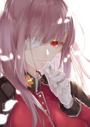 Rule 34 | 1girl, bandage over one eye, blunt bangs, fate/grand order, fate (series), finger to mouth, floating hair, florence nightingale (fate), florence nightingale (third ascension) (fate), gloves, glowing, highres, hoshino ruru, long hair, looking at viewer, parted lips, petals, portrait, purple hair, red eyes, sidelocks, simple background, solo, upper body, white background, white gloves