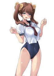 Rule 34 | 1girl, black one-piece swimsuit, black sailor collar, blue eyes, brown hair, commentary request, highres, long hair, neckerchief, one-piece swimsuit, original, red neckerchief, ribbon, sailor collar, sailor shirt, school swimsuit, school uniform, serafuku, shirt, shiruco, short sleeves, smile, solo, swimsuit, swimsuit under clothes, twintails, w arms, white shirt, yellow ribbon