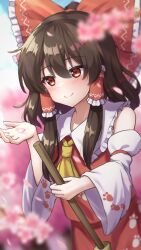 Rule 34 | 1girl, ascot, blurry, blurry background, blurry foreground, bow, broom, brown hair, closed mouth, commentary, detached sleeves, flower, hair bow, hair tubes, hakurei reimu, highres, holding, holding broom, medium hair, outdoors, paw print, pink flower, red bow, red eyes, red shirt, red skirt, shirt, sidelocks, skirt, smile, solo, touhou, wide sleeves, yellow ascot, yosshy
