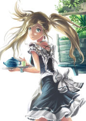 Rule 34 | 1girl, alternate hair color, apron, blonde hair, blue eyes, cup, earrings, frills, hatsune miku, jewelry, long hair, looking back, ooi choon liang, plant, solo, tea, teapot, tray, twintails, vocaloid, waitress