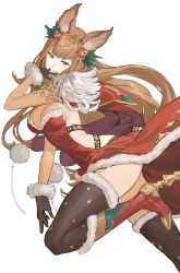 Rule 34 | 1girl, animal ears, backless dress, backless outfit, black eyes, boots, breasts, brown gloves, brown hair, brown thighhighs, cape, cleavage, closed mouth, dress, fur-trimmed gloves, fur-trimmed thighhighs, fur trim, gloves, granblue fantasy, hair ornament, hand to own mouth, hashibiro kou (garapiko p), high heel boots, high heels, highres, long hair, looking at viewer, metera (granblue fantasy), pom pom (clothes), red cape, red dress, red footwear, simple background, small breasts, smile, solo, strapless, strapless dress, thighhighs, white background