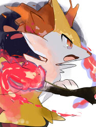 Rule 34 | 1other, animal ear fluff, animal ears, animal nose, body fur, braixen, creatures (company), fang, fire, fox ears, from side, furry, game freak, gen 6 pokemon, hand up, highres, holding, holding stick, leaning forward, looking to the side, nintendo, open mouth, other focus, pokemon, pokemon (creature), pyrokinesis, red eyes, skin fang, snout, solo, stick, white fur, yellow fur, zen (koko)