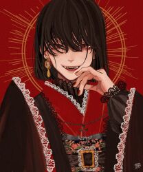 Rule 34 | 1girl, black hair, earrings, fangs, fingernails, floral print, hair over eyes, hand up, highres, japanese clothes, jewelry, kagoya1219, kimono, lace, lace-trimmed kimono, lace trim, long bangs, long sleeves, looking at viewer, nail polish, obi, original, print sash, red background, red kimono, red nails, sash, short hair, signature, smile, solo, straight hair, upper body