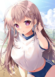 Rule 34 | 1girl, :o, arm at side, blue buruma, breasts, brown hair, buruma, commentary request, day, gym shirt, gym uniform, hair between eyes, hair ornament, hairclip, hand in own hair, large breasts, long hair, looking at viewer, midriff peek, mikeou, navel, open mouth, original, outdoors, purple eyes, shirt, sky, solo, standing, white shirt